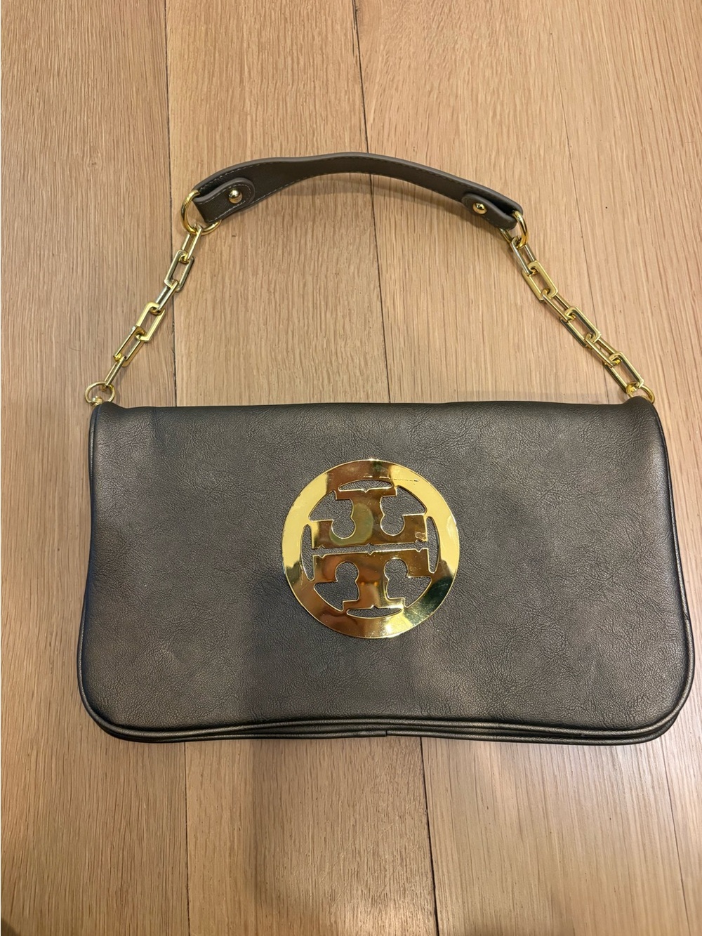 Tory Burch Gray/Bronze Leather Shoulder Bag with Gold Logo